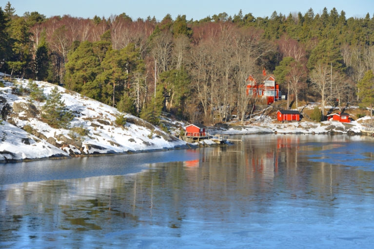 A coastline of an island with trees, cottages and snow