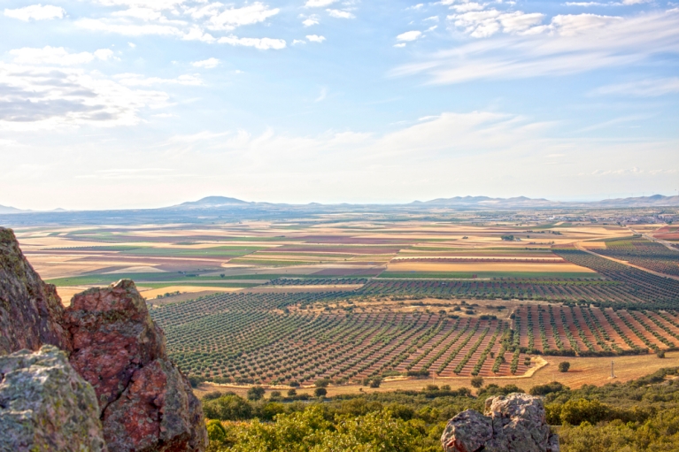 A bird's eye view of the farms and hills of La Mancha, Spain