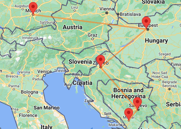 Mapa que muestra la ruta de Múnich a Mostar