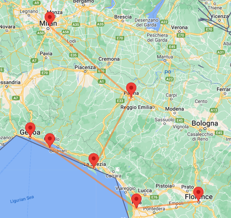 Cinque Terre and Tuscany itinerary map