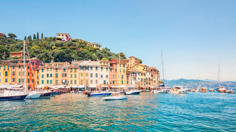 A sunny view of Portofino from the water