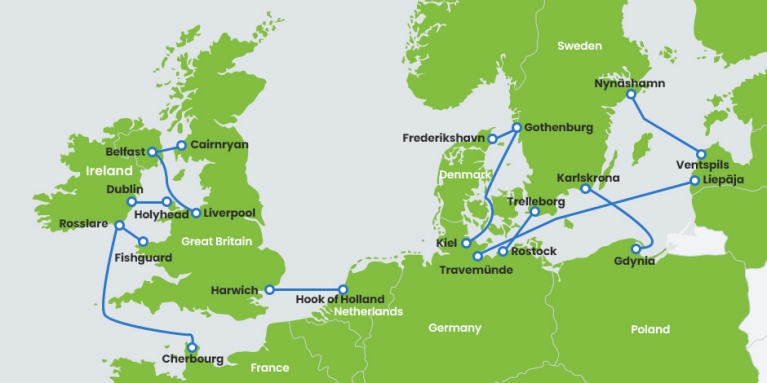 Mapa da rota das balsas Stena Line