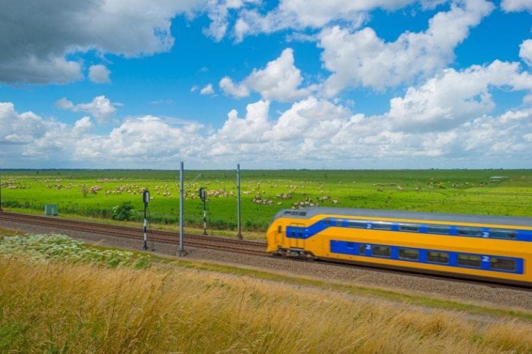 Tren holandés en campos verdes 