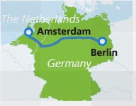 Map with train route Amsterdam to Berlin