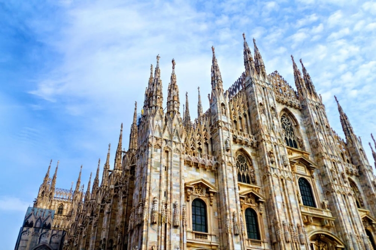 The facade and spires of the Milan Cathedral