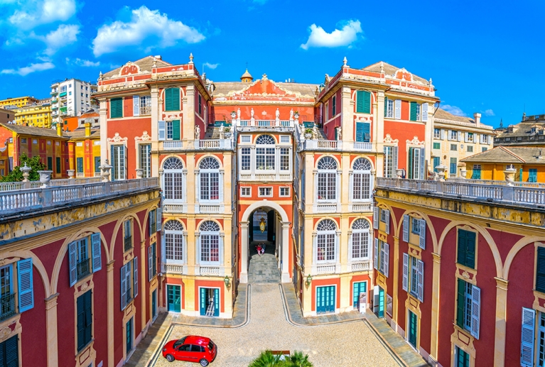 The brightly coloured, multi-storied Royal Palace of Genoa