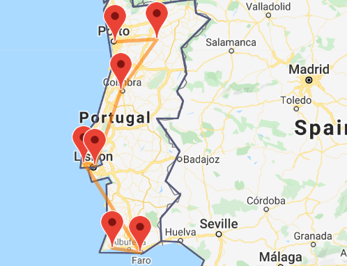 Mapa de una ruta de tren por Portugal