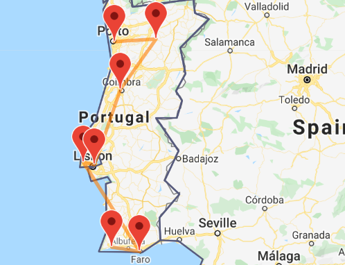 Um mapa de uma rota trem por Portugal