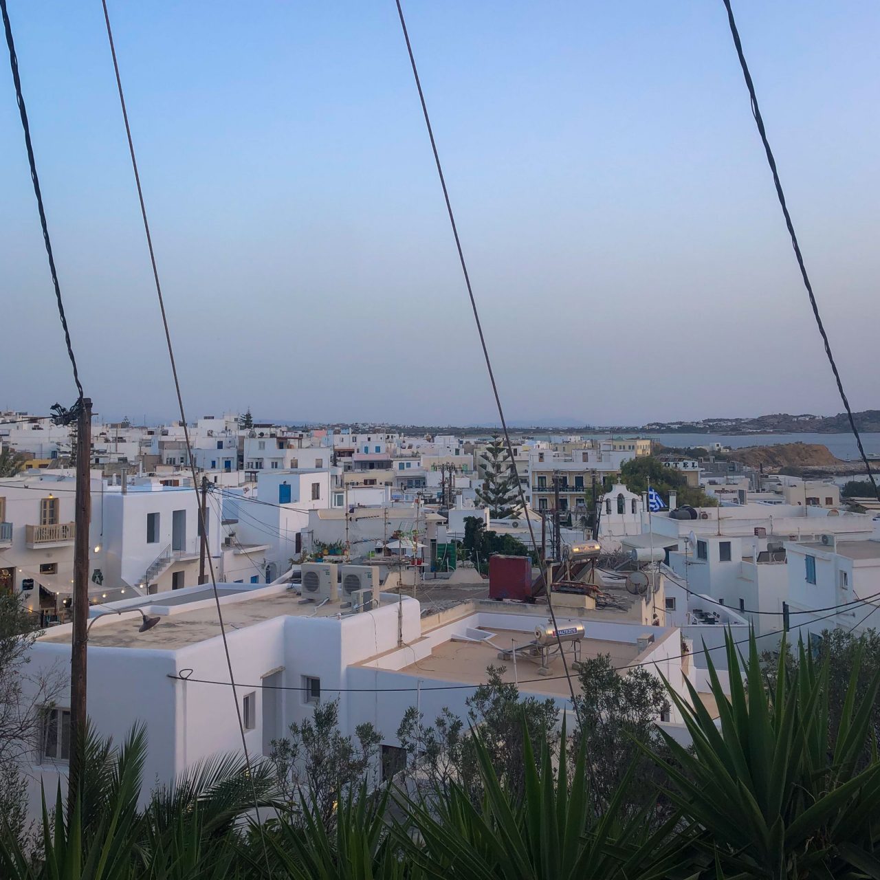 Bird's eye view of white-washed buildings in Naxos
